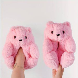 Womens Pink Teddy Bear Slippers OSFM